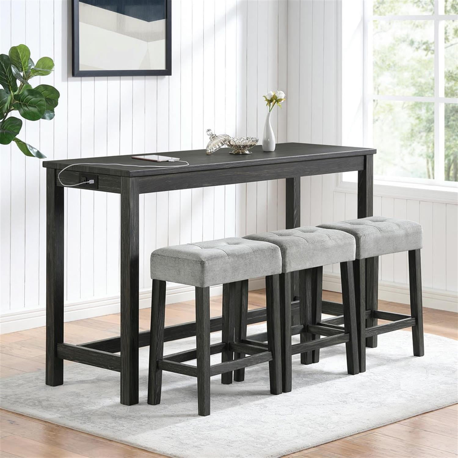 Demi Bonn 4-Piece Dining Table Set with 3 Upholstered Bar Stool and Power Outlets,dustrial Kitchen Bar Table Furniture Sets for Living Room, Apartment, Black