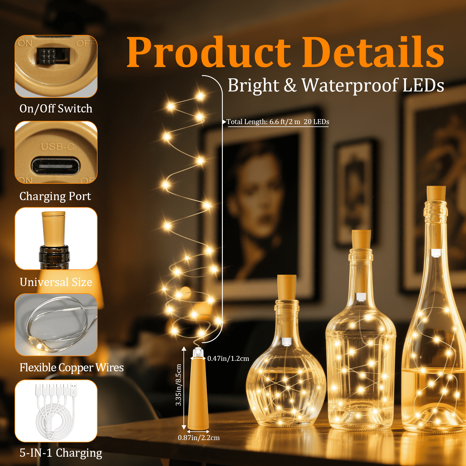 PChero 6Pack Rechargeable Wine Bottle Lights with Cork & Remote, 6.6ft 20 LED Mini Fairy String Lights Battery Operated with Charging Cable, Waterproof Cork Lights for Wedding Christmas, Warm White