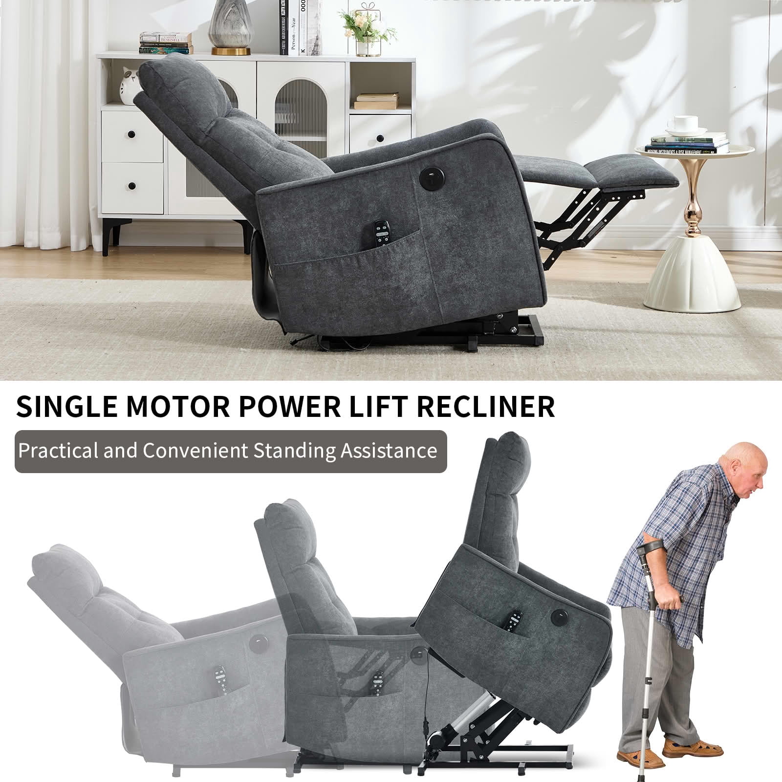 MAYEERTY Grey Chenille Power Lift Recliner Chair, Massage Heat USB Port 25"x36"x39" for Elderly