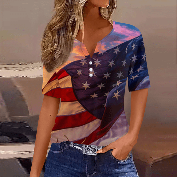 Iaqnaocc American Flag Womens Tops 4th Of July Summer Button Down V-Neck Retro T Shirt Patriotic American Flag Stars July 4th Celebration Short Sleeve Tee Tops Deep Red S