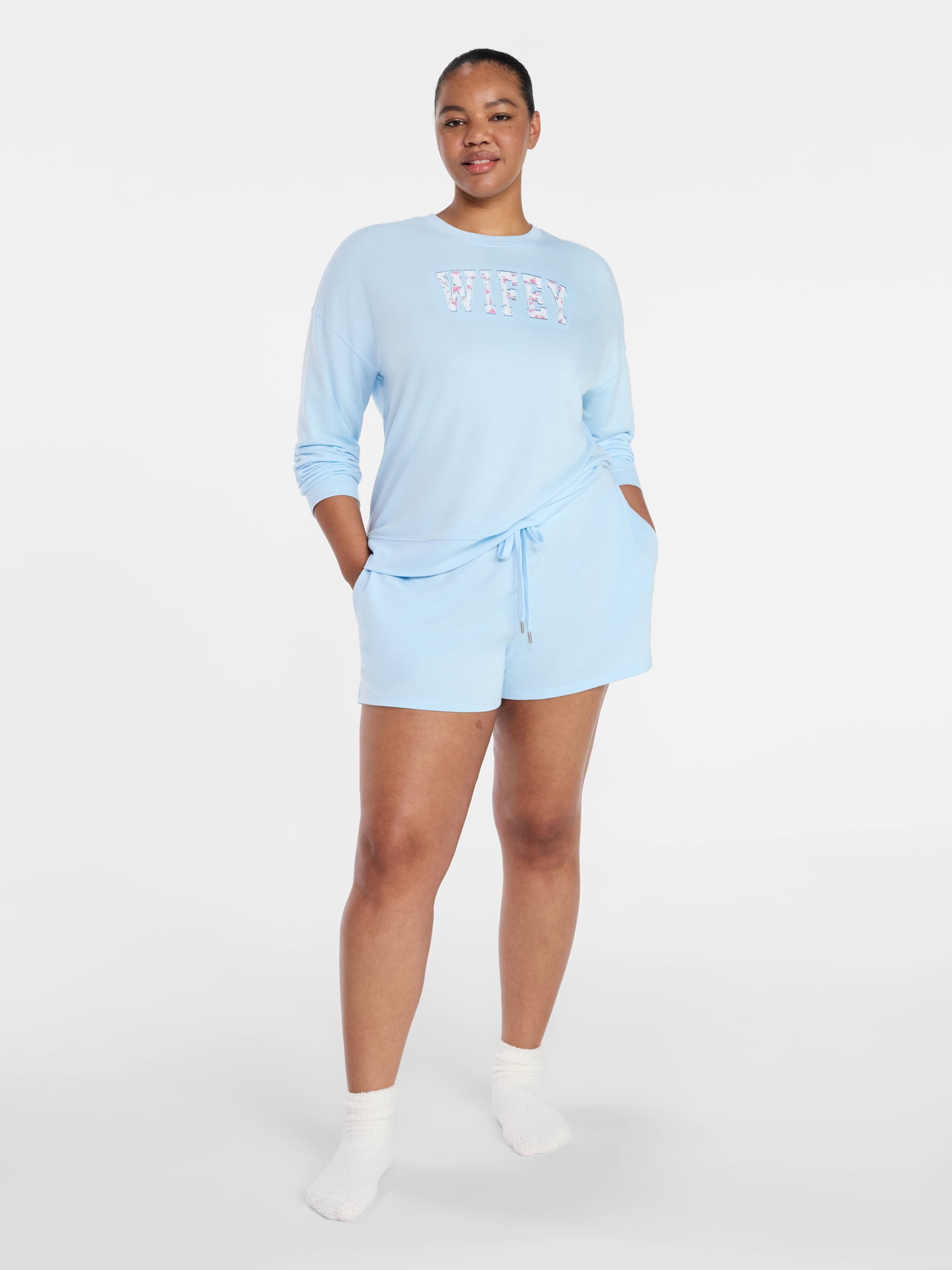 Joyspun Women's Bridal French Terry Knit Long Sleeve Top and Shorts Pajamas Set, Sizes XS-3X