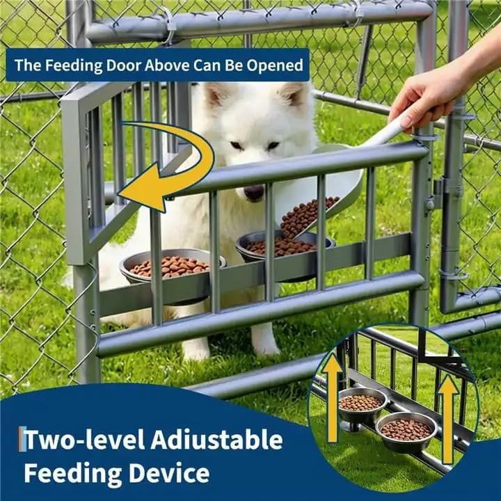 10×10×5.9 FT Home Large Metal Outdoor Dog Kennel, Metal Wire Dog Enclosure with Waterproof Roof & Adjustable Bowls Feeder for Backyard Farm