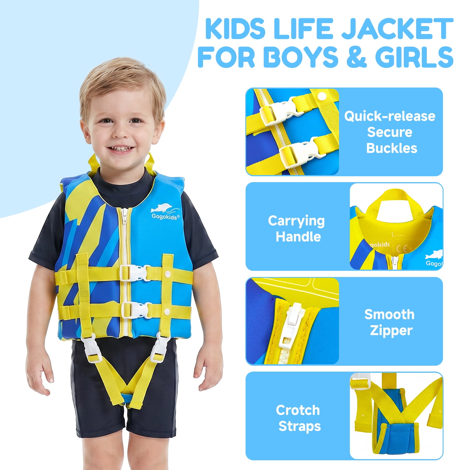 Gogokids Kids Swim Vest Toddler Life Jacket,Flotation Swimming Aid with Adjustable Safety Strap for Boys Girls Age 2-9 Years/28-66Lbs