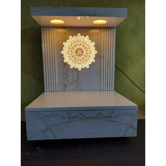 White Designer Textured Wooden Temple For Home And Offce / Mandir With LED Lights / Wall Hanging And Table Top Mandir/ Mandapam / Pooja Ghar