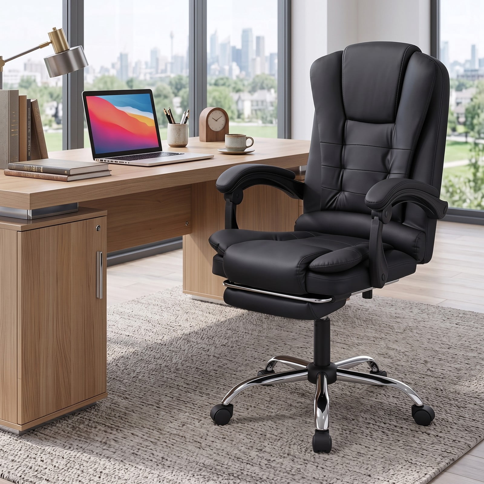 Furnibear Massage Office Chair with Footrest, Reclining High Back and Swivel Seat, Ergonomic USB Vibration Executive Computer Desk Chair with Adjustable Padded, Black