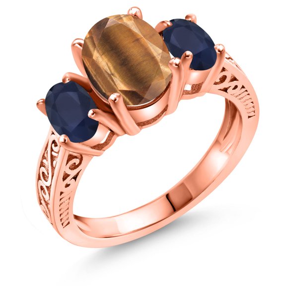 Gem Stone King 2.61 Ct Oval Brown Tiger Eye Blue Sapphire 18K Rose Gold Plated Silver Ring (Size 8)