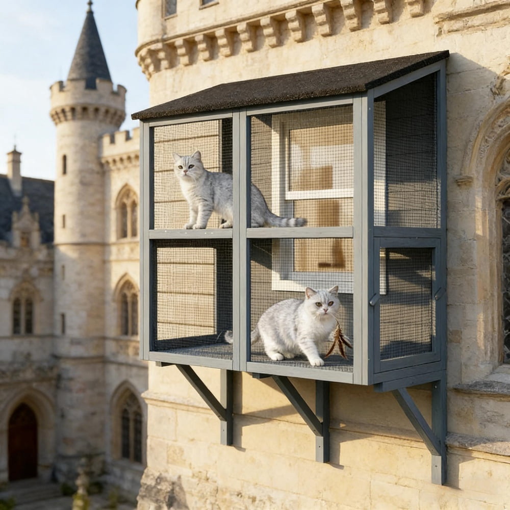 Wall-Mounted Catio Cat Enclosure 2-Tier Large Outdoor Cat House with Waterproof Roof & Secure Mesh Window Cat Perch for 1‑2 Cats Gray Wooden Cat Patio