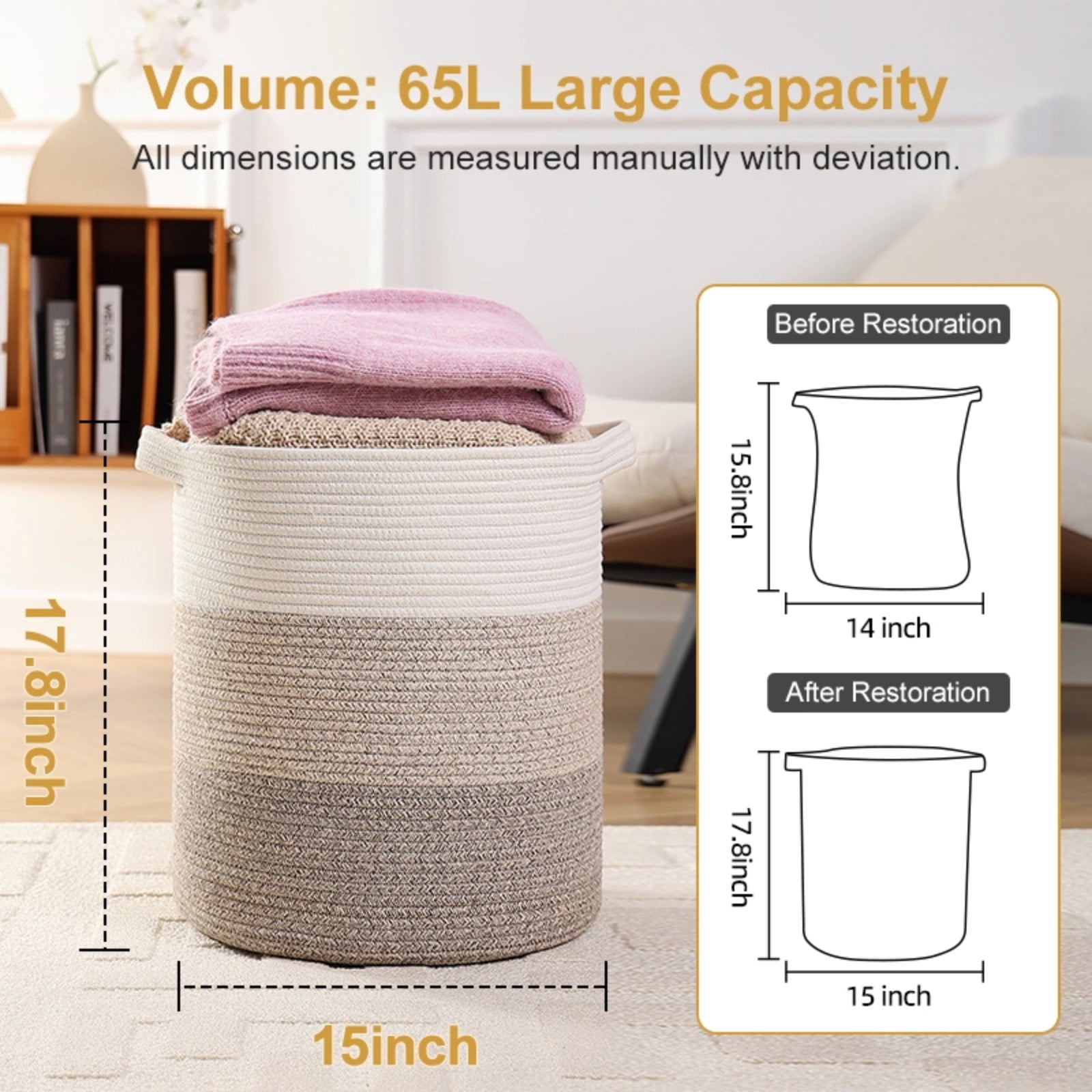 VeluraHome Large Laundry Hamper, Woven Storage Basket with Handles,Basket for Blankets Tall