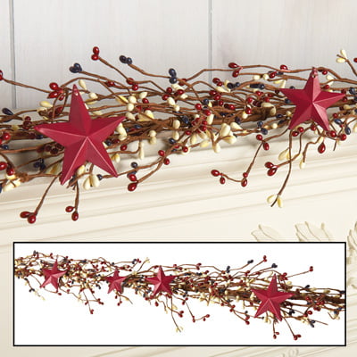 Pip Berry Garland 60 inch Primitive Burgundy Gold Rusty Stars Country Decor 