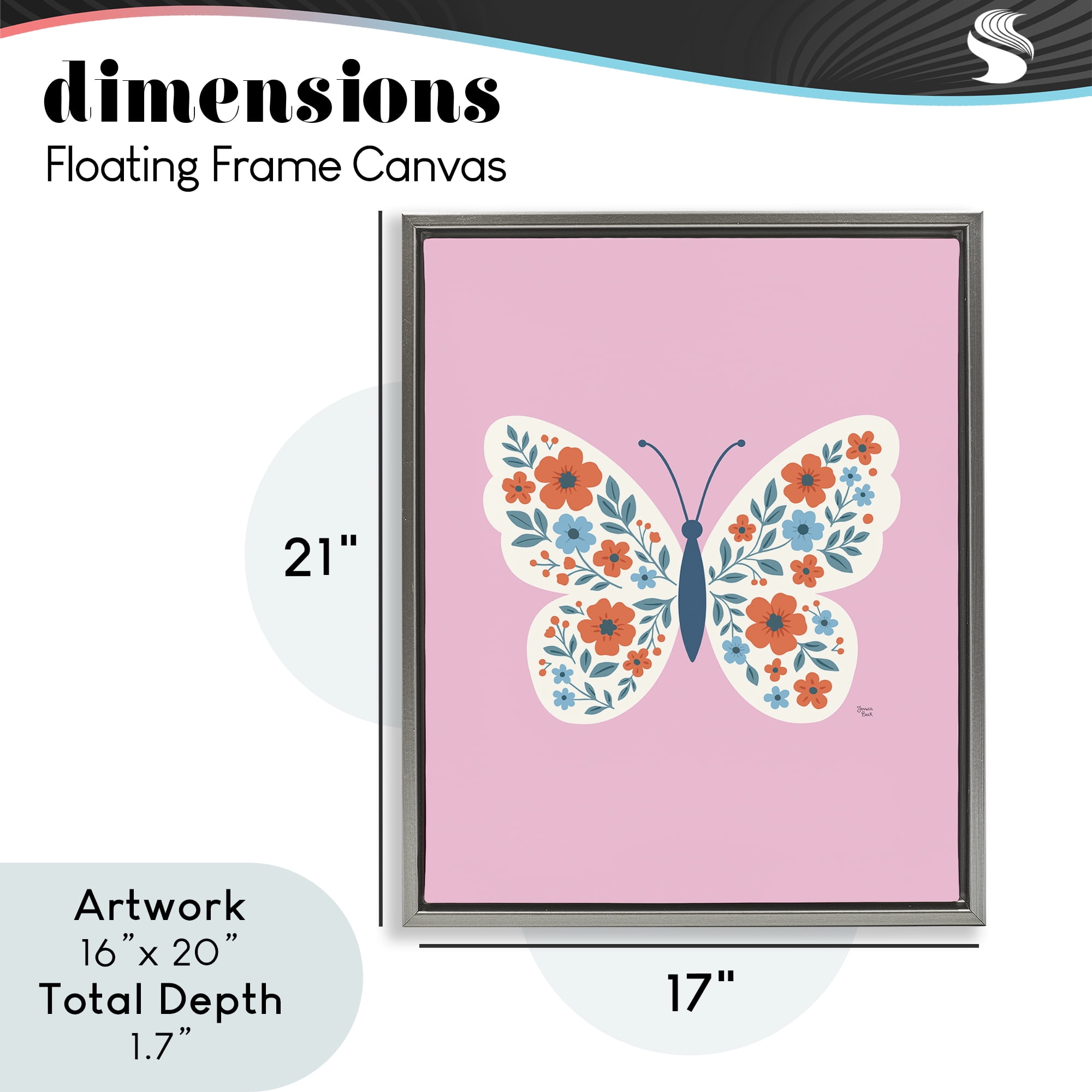 Boho Pink Floral Butterfly Gray Framed Floater Canvas Wall Art, design by Jessica Beck