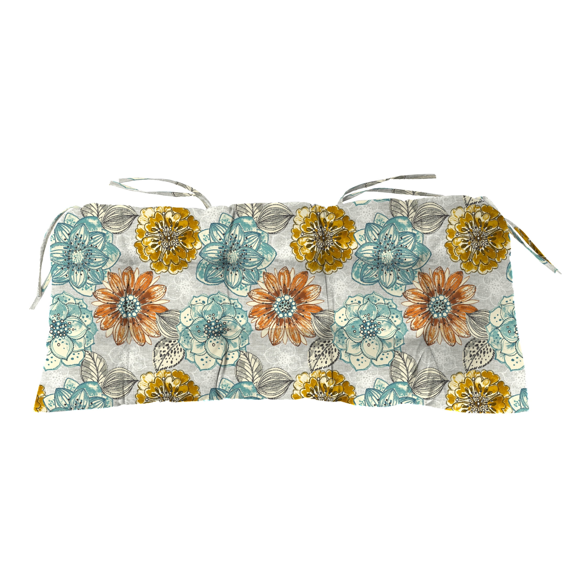 Jordan Manufacturing 43" x 19" Bridget Carmel Aqua Floral Rectangular Tufted Outdoor Wicker Settee Bench Cushion with Ties