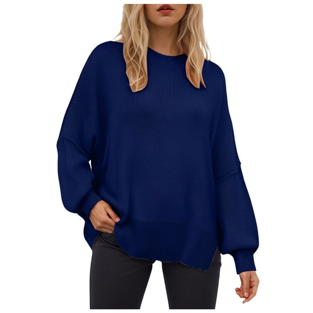 WUANDIXFA Chandails pour Femmes Décontractés Chandails pour Femmes à Manches Longues Fente Latérale Col Rond Chandails Molletonnés à Enfiler Hauts de Mode pour Femmes Vêtements Corset Vêtements d'Extérieur Bleu Marine,m
