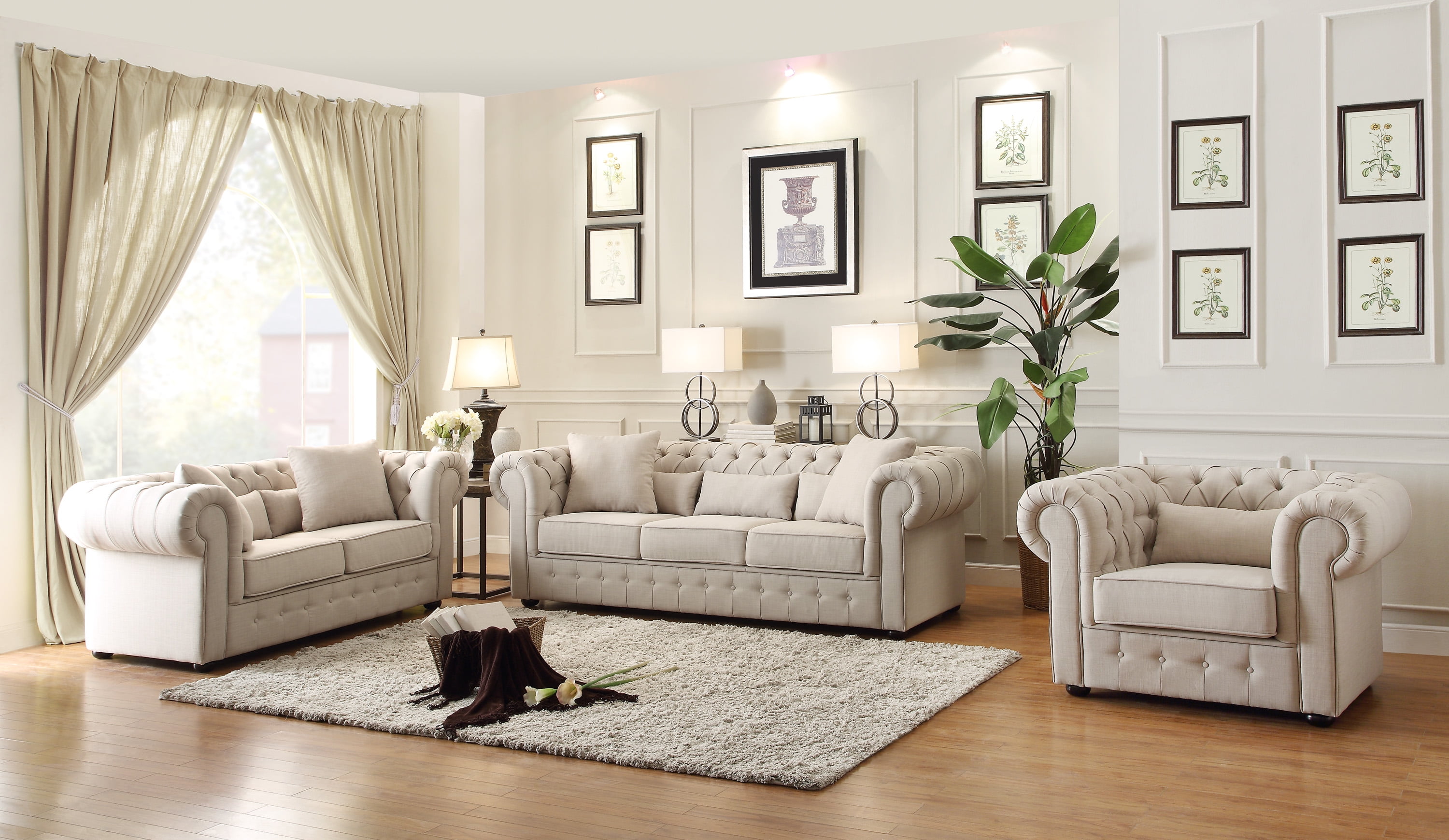 Leonora 3 Piece Sofa, Loveseat & Chair Set Button Tufted Neutral