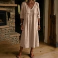 thumbnail image 4 of FDGIU Women's V Neck 3/4 Sleeve High Waist Gathered Pocket Loose Flowy Linen Midi Dress, Boho Beach Vacation Casual Home Lounge Swing Long Dresses, 4 of 6