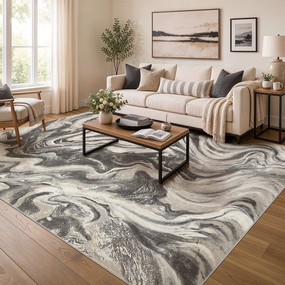 UERMEI 8'x10' Washable Area Rugs for Living Room Dining Room, Non-Slip Soft Low Pile Carpet, Modern Abstract Bedroom Home Decor Indoor Rug, Grey Charcoal Cream