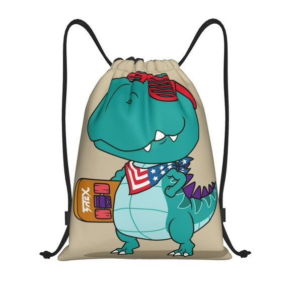 Saiise Cool Dino Playing Skateboard Pattern Sports Drawstring Backpack - String Swim Gym Bag with Wet Proof Pocket for Women&Men-Small
