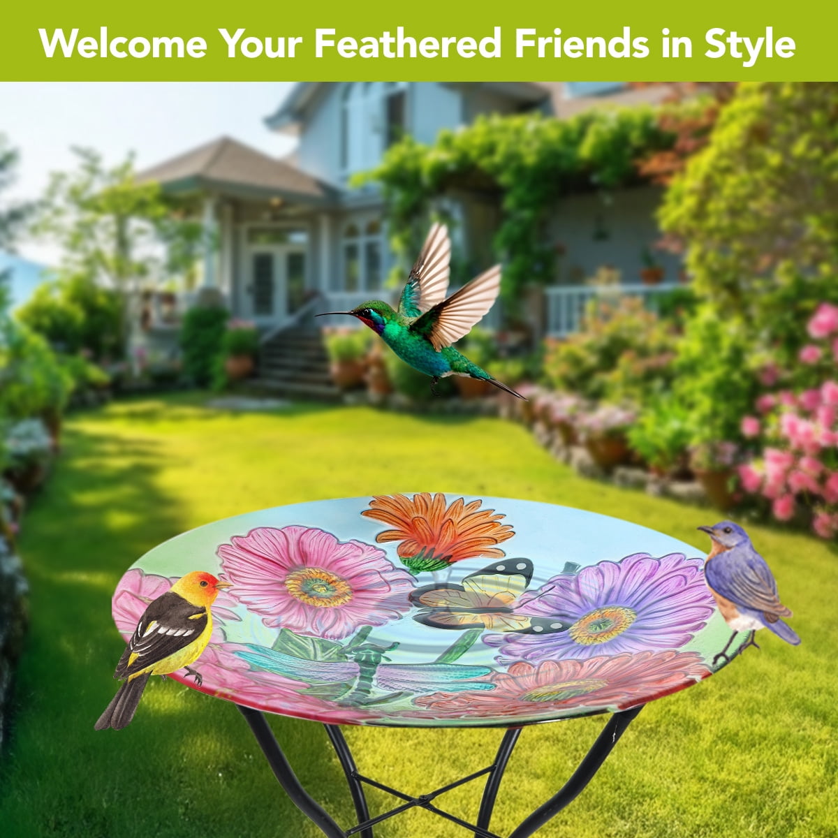 Briarwood Lane Spring Glass Birdbath Including Metal Stand Zinnias in Bloom For Spring Birdbath