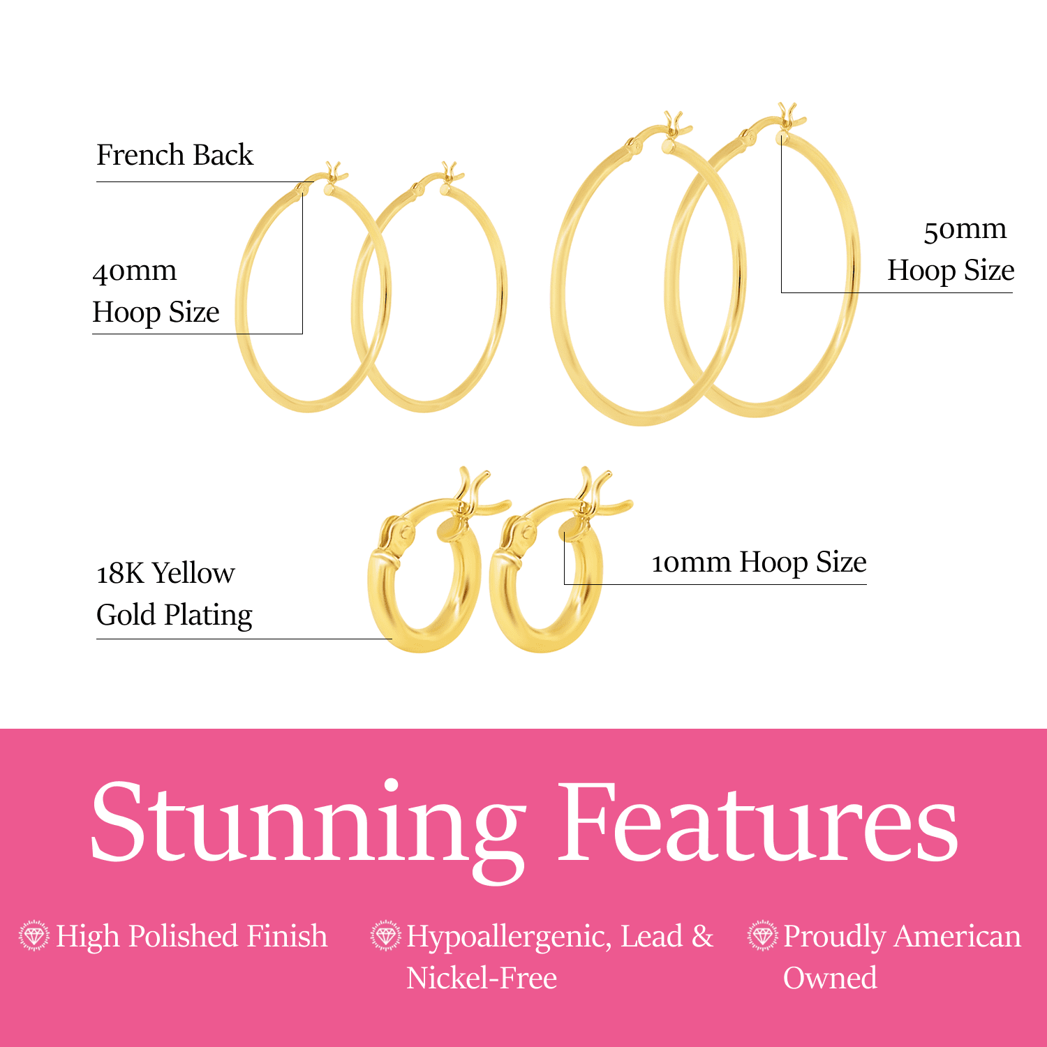 Cate & Chloe Pack of 3 - Monica 18k Yellow Gold Plated 10mm 40mm 50mm Hoop Earrings for Women