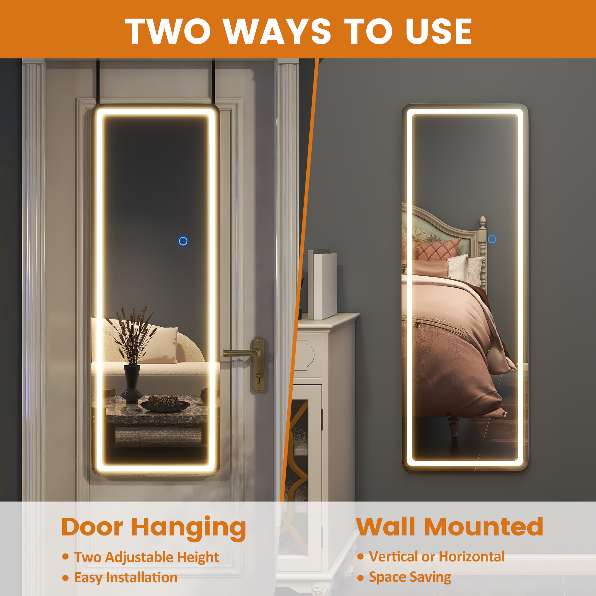 47"x16" Mordern Rectangle Hanging LED Mirror Door Mirror Vanity Mirror,White