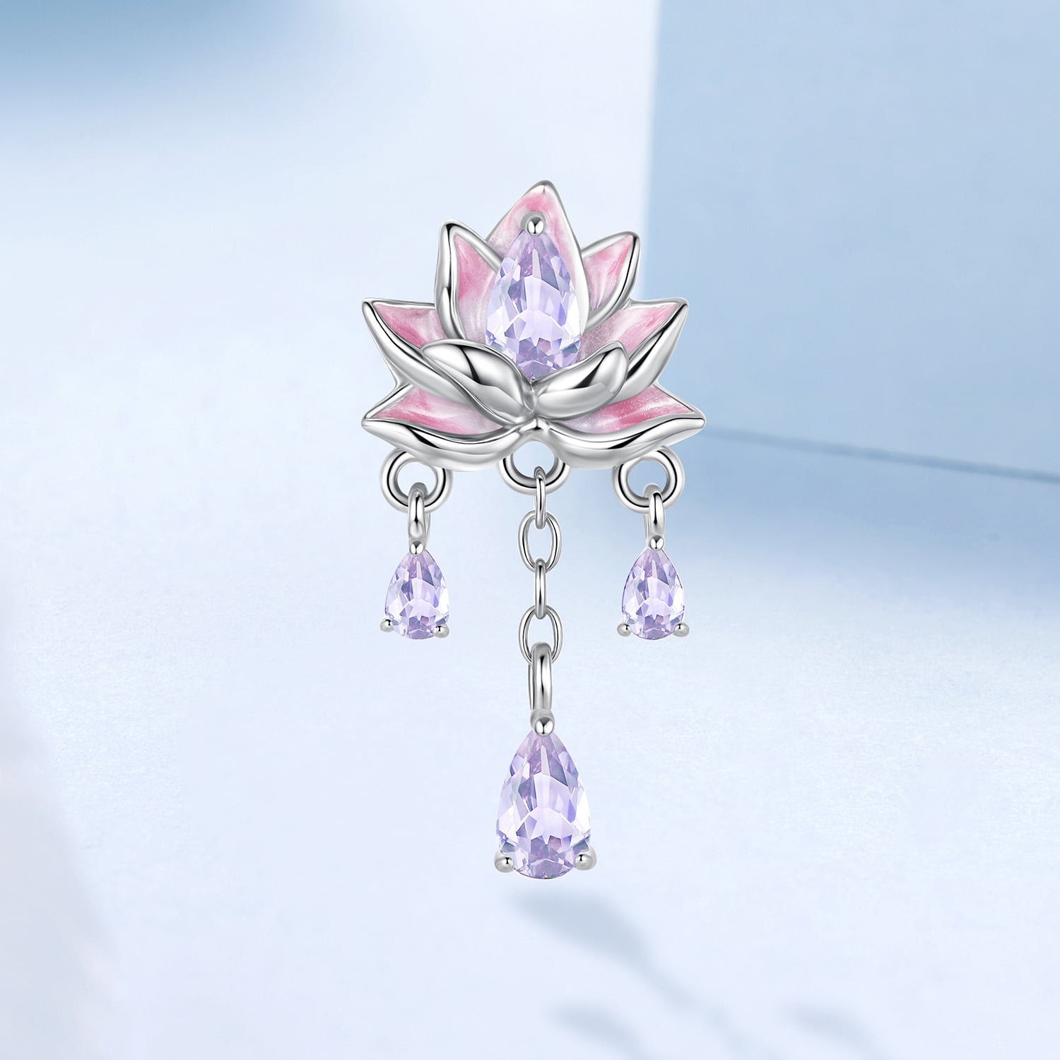 Pink Purple Lotus Tassel Silicone Beads Charm 925 Sterling Silver Charm ,Charm for Bracelets, Gift for Women