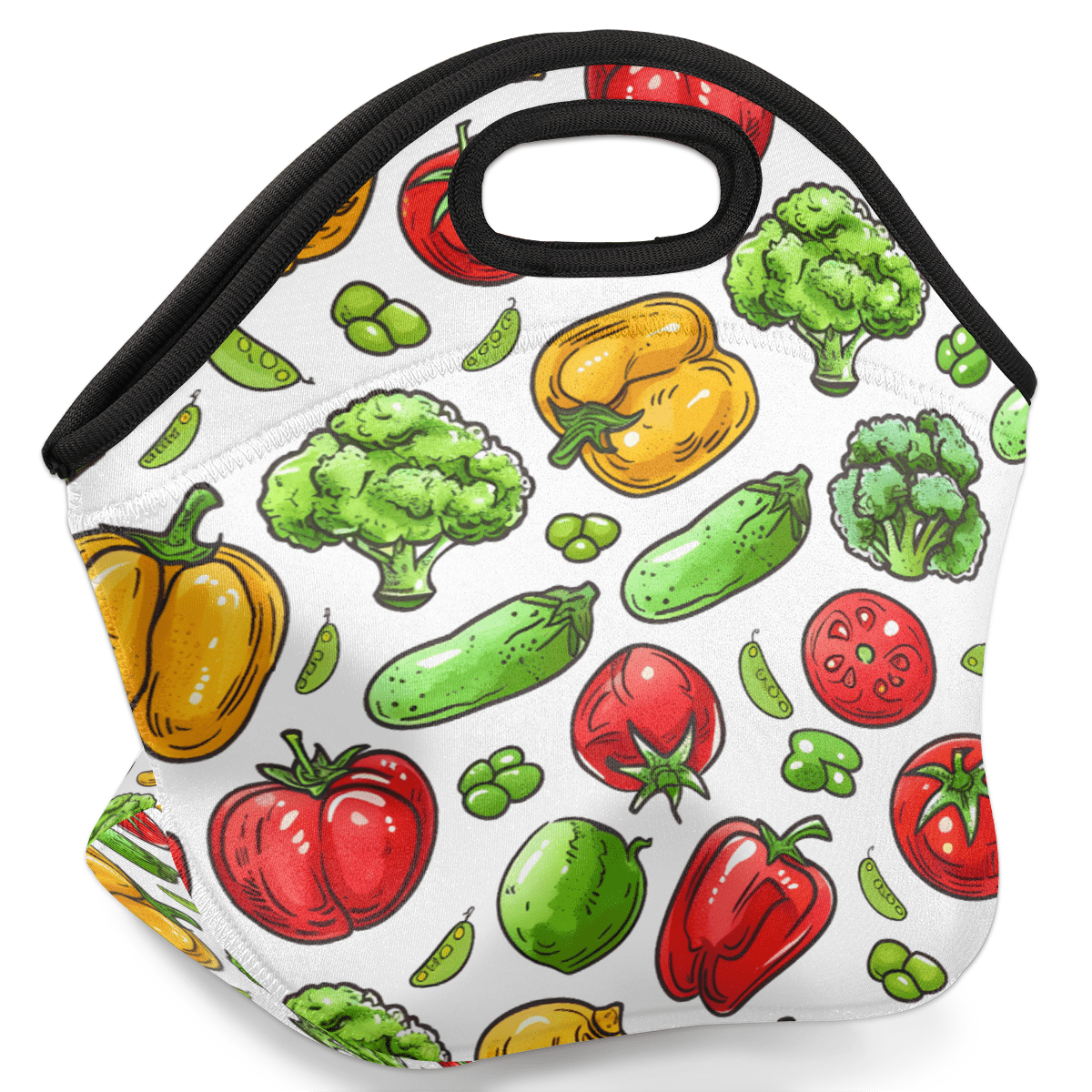 Herdesigns Colorful Neoprene Lunch Bag, Vegetable Print Insulated Lunch Box for Women Men Washable Lunch Tote Soft Lunch Container With Zipper for Work Picnic Travel