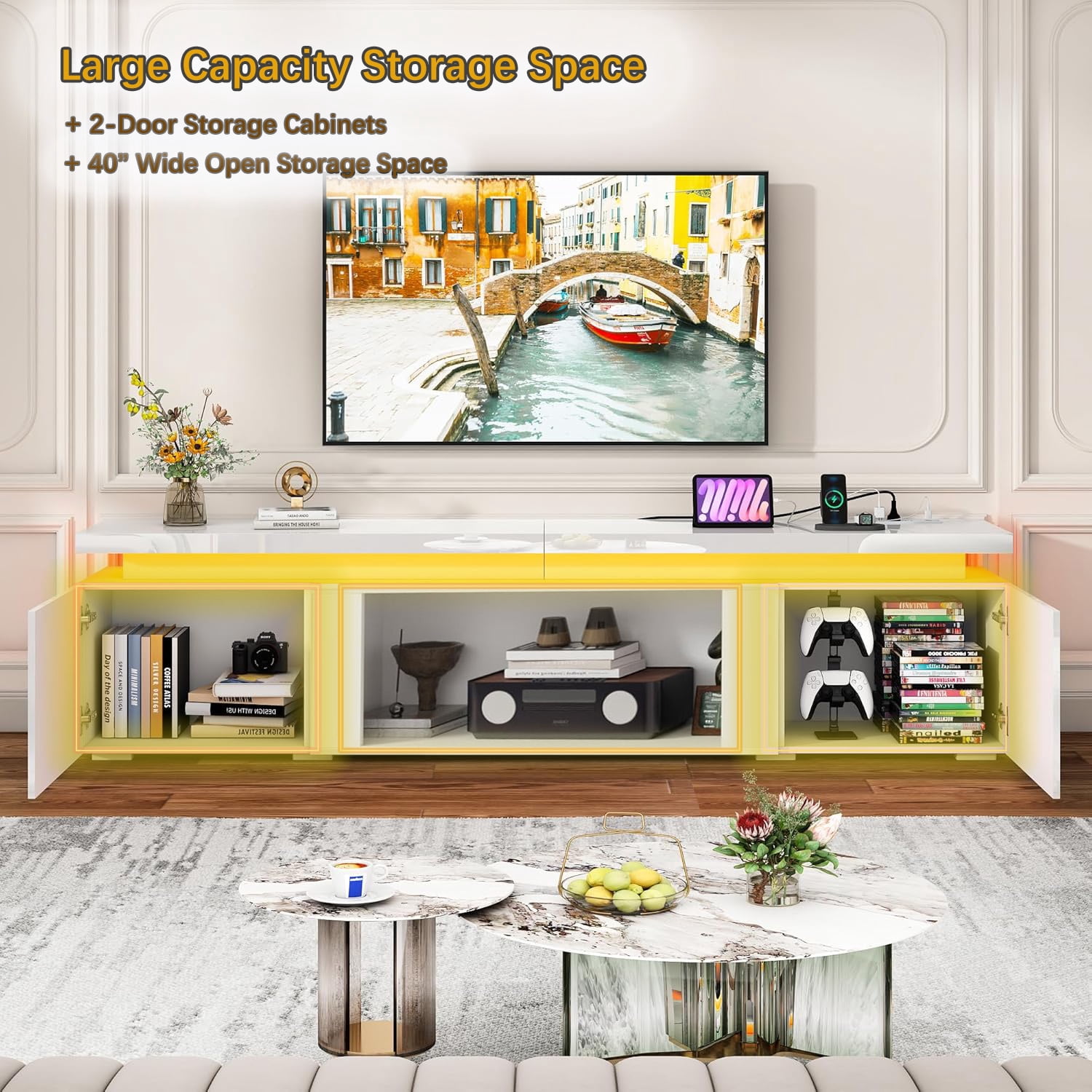 71" LED TV Stand with 40" Fireplace Slot & Power Outlet, High Gloss Fireplace TV Stand for 65 70 75 80 inch TVs, Modern Media Console Entertainment Center (No Fireplace)