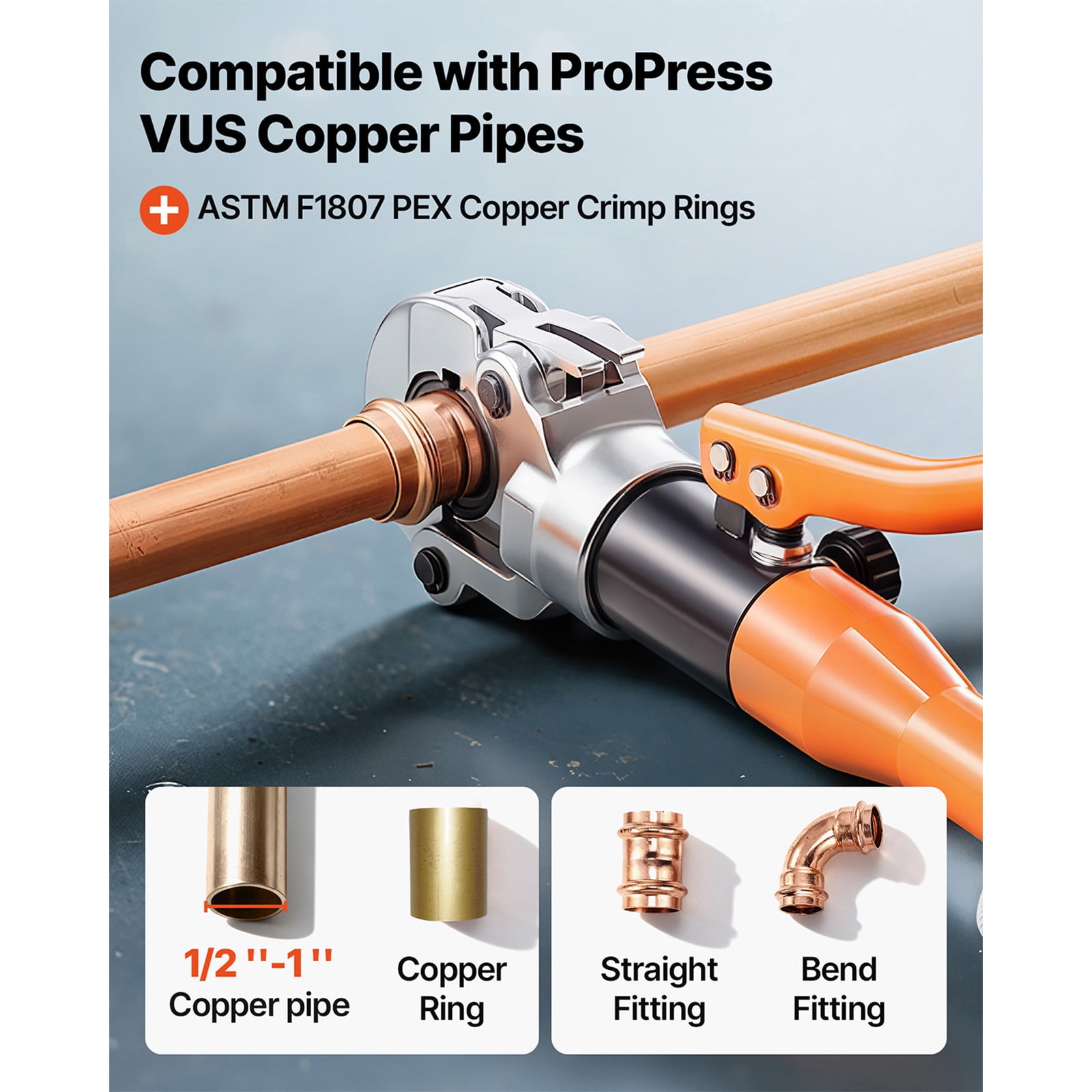 KFFKFF Hydraulic Copper Pipe Crimping Tool with Multiple Jaws for Copper Tubes and PEX Pipes - Includes Carrying Case
