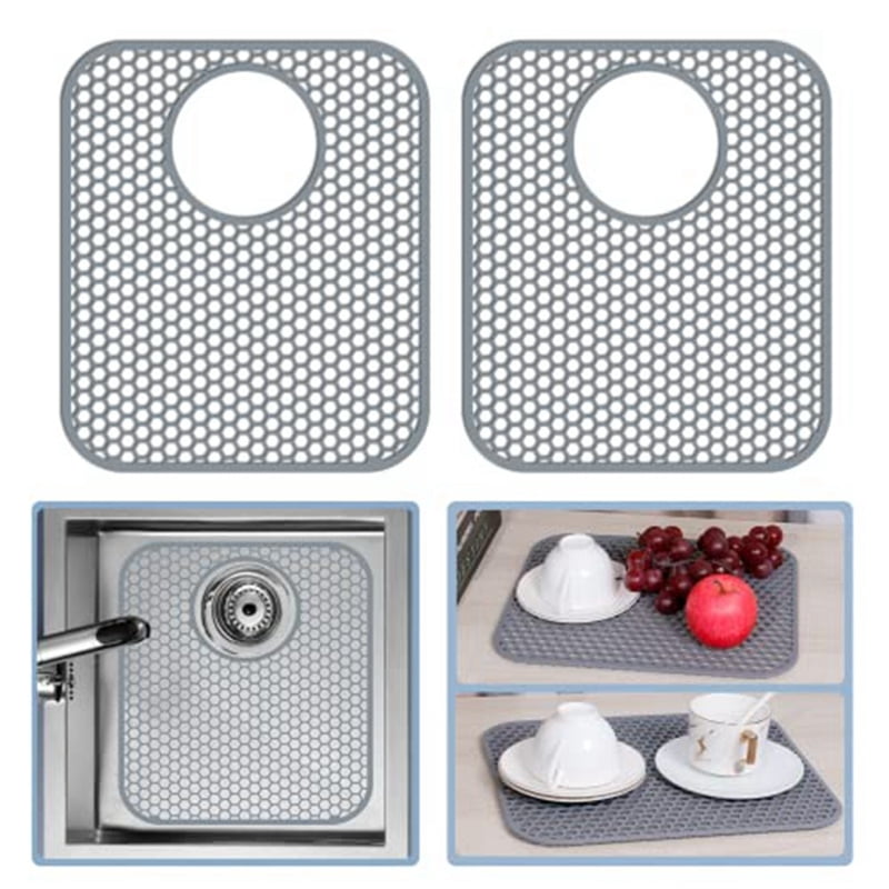 Silicone Sink Mat, 2 Pack Sink Protectors for Kitchen Sink with Rear Drain, Folding Non-Slip Heat Sink Mat