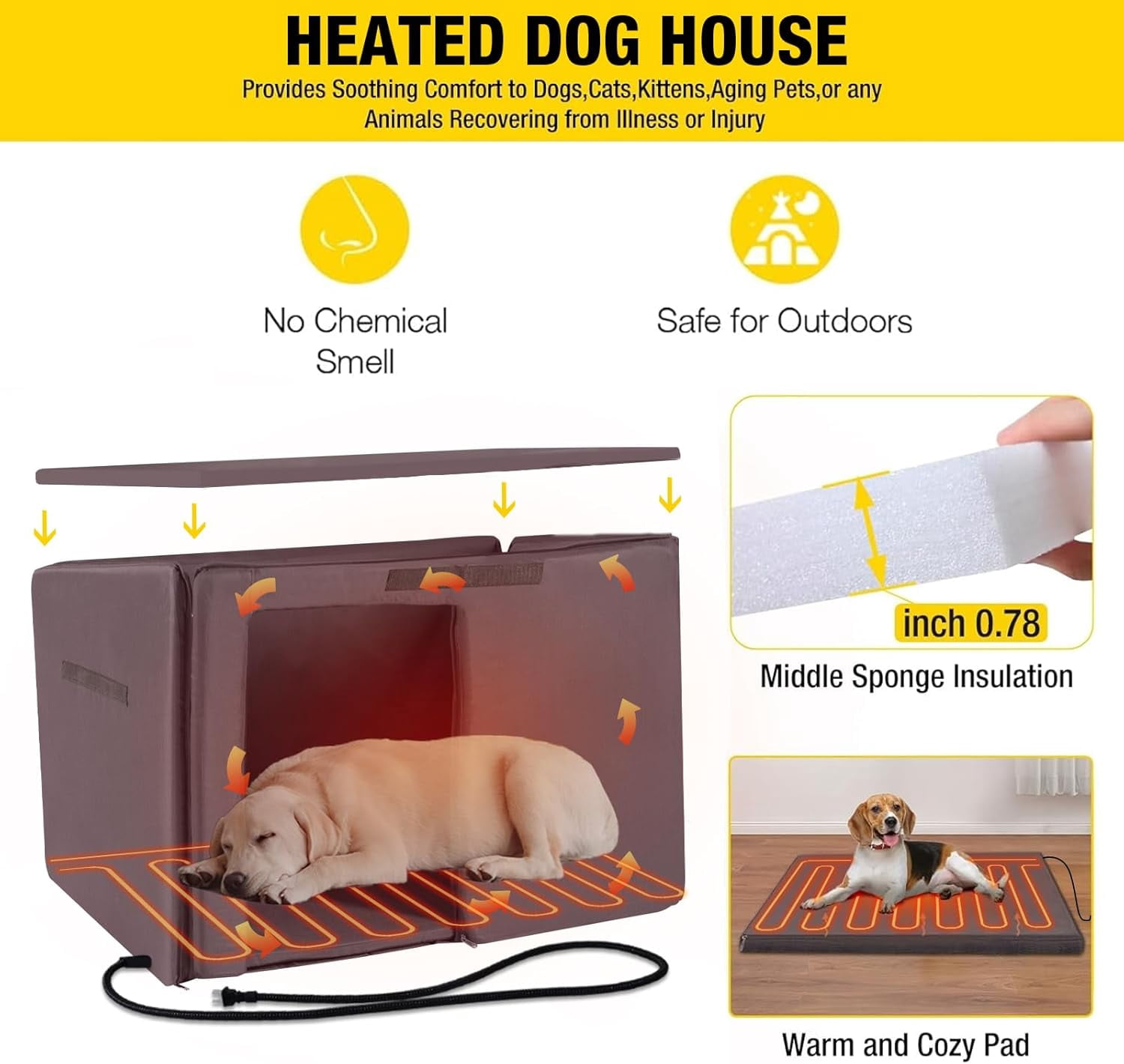 Aivituvin Insulated Heated Dog House with Insulated Liner & Heating Pad, All-Around Iron Frame Large Outdoor Dog House for Small & Medium & Large Dogs, Waterproof, Light Brown