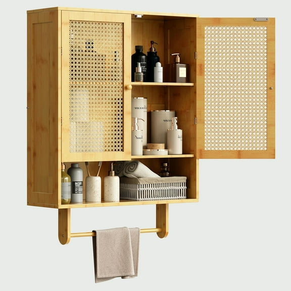 Medicine Cabinet, Wall Mounted Bathroom Storage With 2 Doors, Space Saver Rattan, Bamboo Hanging With Adjustable Shelf and Towel Bar for Counter, Vanity, Kitchen, Natural