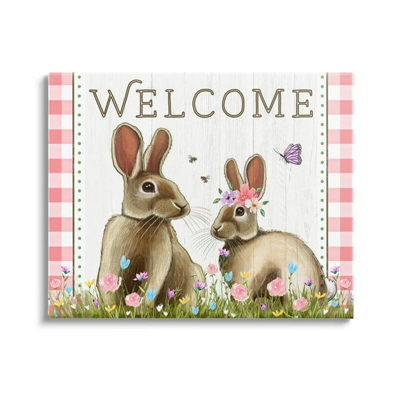 Stupell Welcome Plaid Spring Garden Rabbits Holiday Painting Gallery Wrapped Canvas Print Wall Art