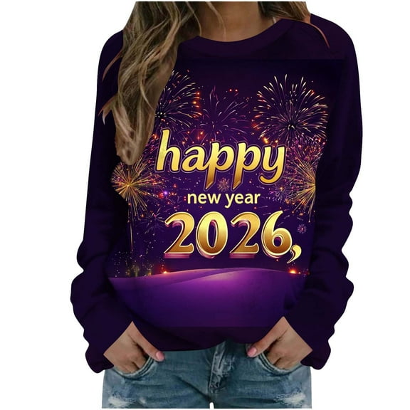 Makaor Cute Sweatshirts for Women Happy New Year Crew Neck Tops Graphic Long Sleeve Pullover Tees Fleece Cute Fall Outfits