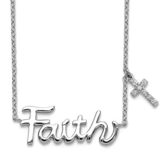 925 Sterling Silver Polished Spring-Ring Faith With Cubic Zirconia Cross Charm Necklace 18 Inch Pendant Necklace for Wom