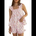 thumbnail image 3 of Conjunto de Pijama con Estampado Floral y Pantalones Cortos Casuales para Mujer, Conjunto Casual de Dos Piezas. Flores Rosas Rojas XL, 3 of 8
