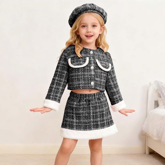 MEZZALL Elegant Girls Two Piece With Matching Hat Classic Pattern Autumn Winter Outfits For Teen Girls Plaid Design Leisure Clothing Sets