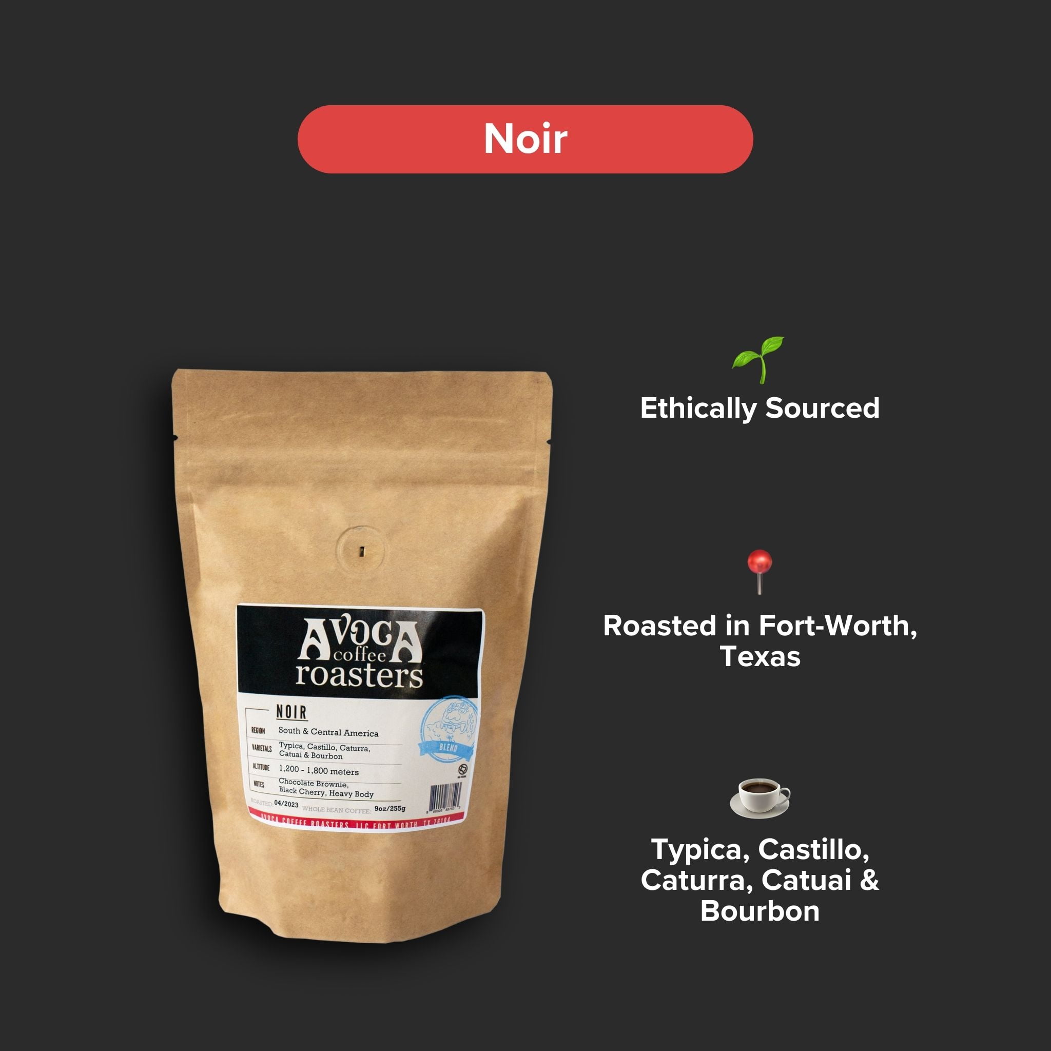 Local Avoca Coffee Noir Blend, Dark Roast Coffee, Whole Bean, 9oz