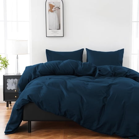 100% Organic Cotton Duvet Cover King 400 Thread Count Sateen Comforter Cover Soft and Breathable Cooling Bedding Set 3 Piece(Navy,King)