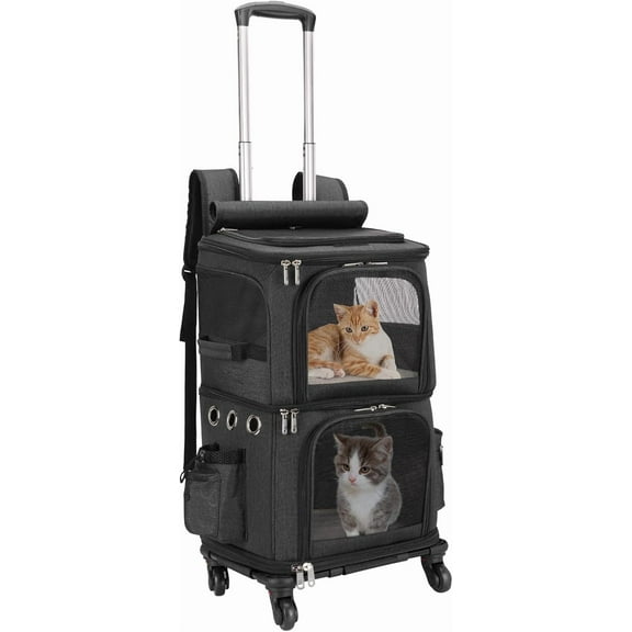 DENZUS Extra Large Double-Compartment Pet Carrier Backpack with Wheels for Small Dogs and Cats, Cat Rolling Carrier for 2 Cats, Perfect for Traveling/Taking a Walk/Trips to the Vet