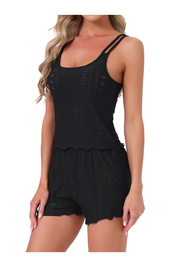 Womens Pointelle Pajama Sleepwear Solid Camisole Tops with Shorts Double Strap Loungewear Sets L Black