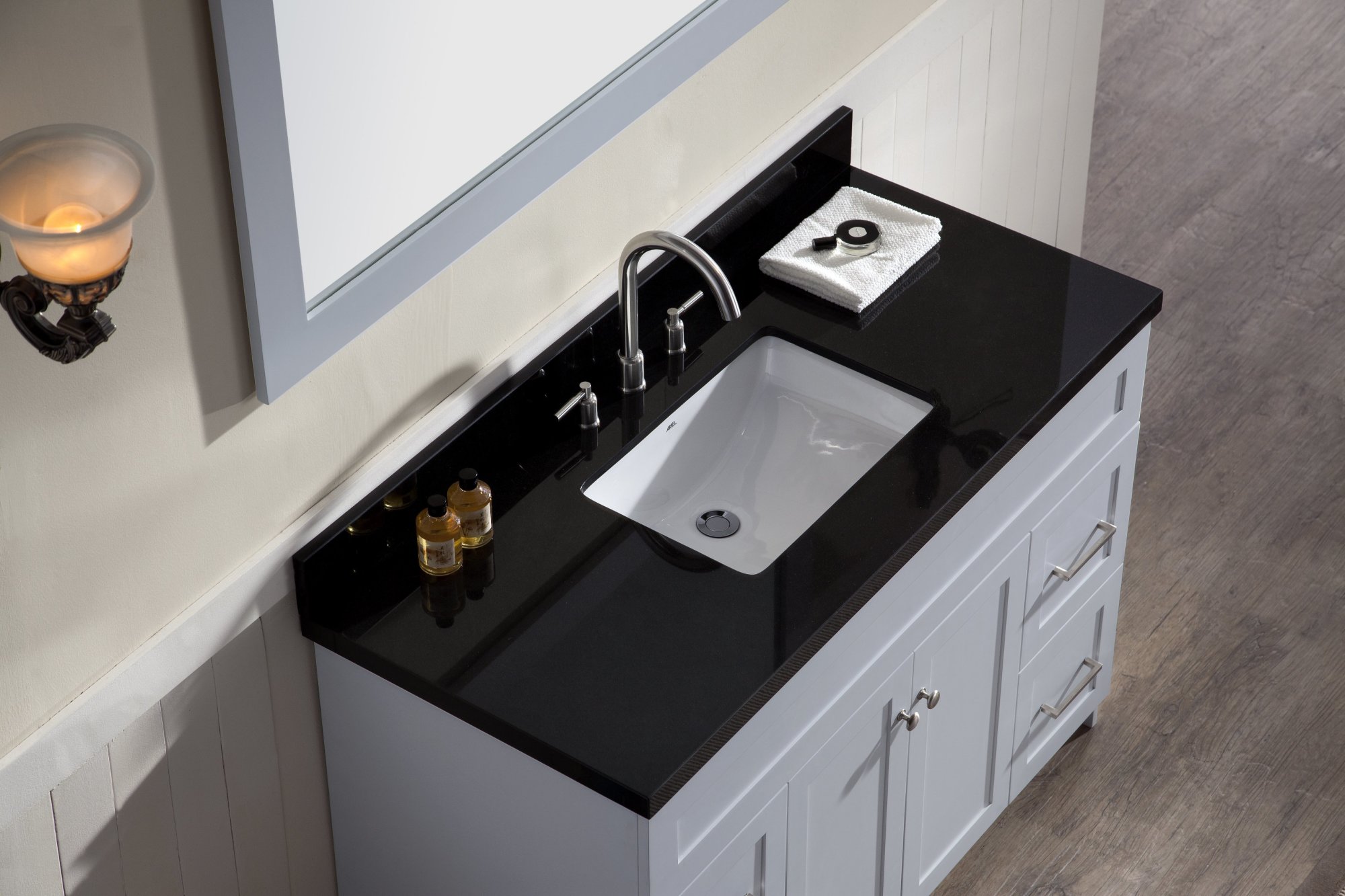 ARIEL Hamlet 49 in. Bath Vanity in Black with Granite Vanity Top in Absolute Black with White Basin and Mirror