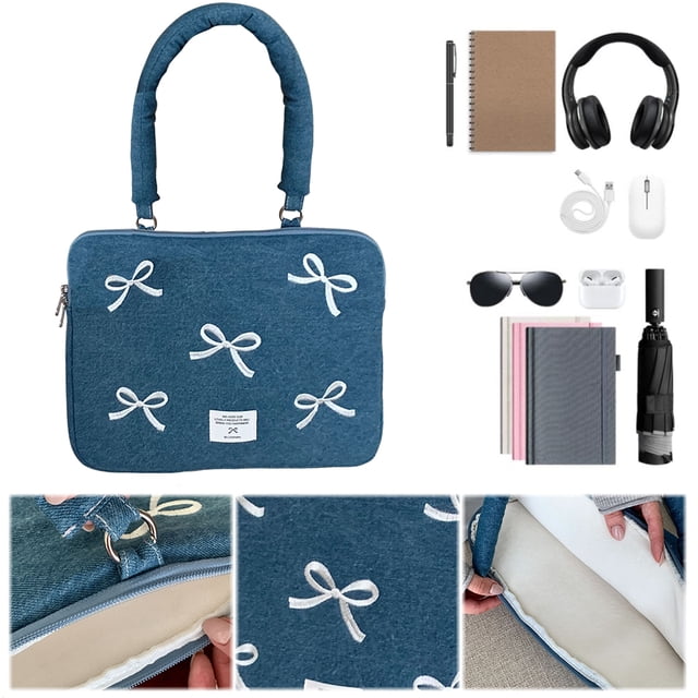 Almacenamiento para Estudiantes Con Lazo Mezclilla Bordado Computadora Portátil Guardar Tabletas (Estilo 2) Rojo