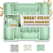 Caperci Expandable Silverware Organizer - Adjustable Utensil Drawer Organizer for Kitchen Storage, Dishwasher Safe , Wheat Straw and Food-Grade PP(Green)