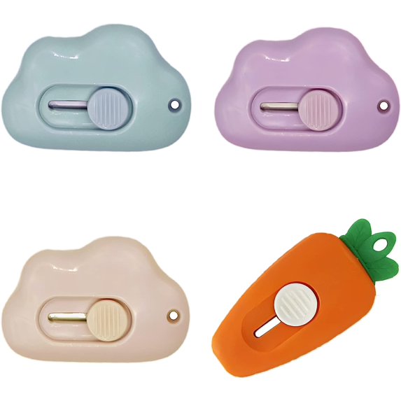 Mini Box Cutter Cute Cloud Box Cutter, Retractable Letter Opener Plastic Utility Knives Slide Open with Keychain Hole for Envelope, Box, Letter, 3 Cloud +1 Carrot