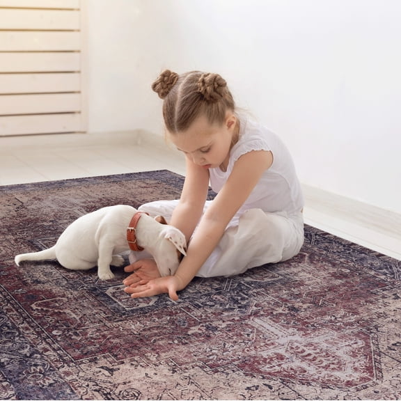 6x9 ft Burgundy Washable Area Rug,Indoor Soft Vintage Floor Mat Low Pile Carpet