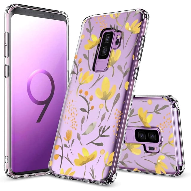 Galaxy S9 Plus Étui, Motif Floral Jaune Design Clair Étui Rigide en Plastique Transparent avec Pare-Chocs en TPU Étui de Protection pour Samsung Galaxy S9 Plus