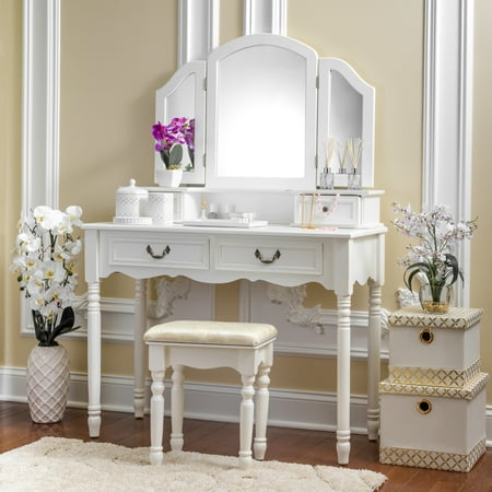 Fineboard Elegant Vanity Dressing Table Set Makeup Dressing Table with 3 Mirrors and Stool, 4 Drawers, White