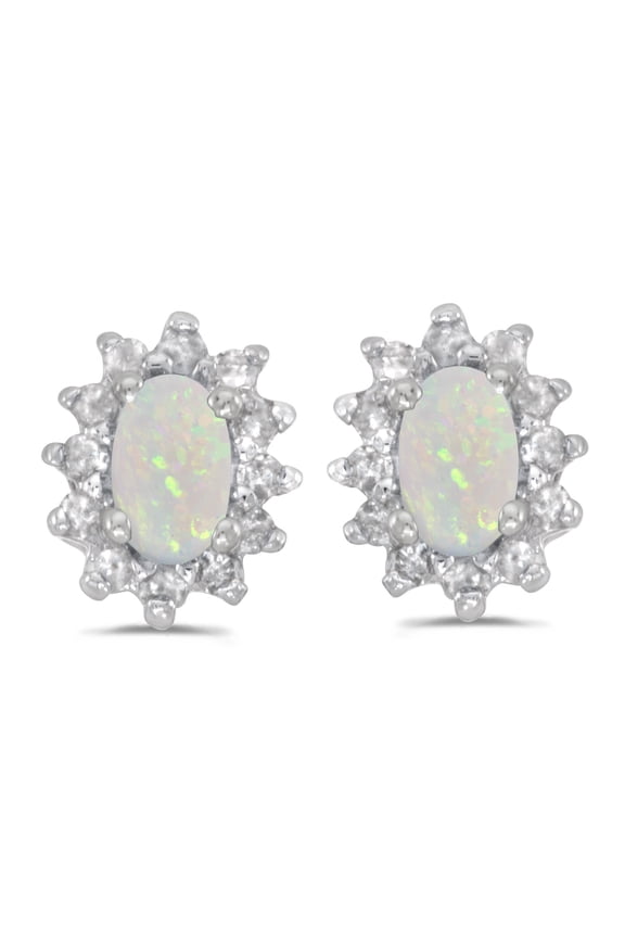 14K White Gold .16 ct Oval Opal 5x3mm Gemstone Stud Flower Shape .25 ct Diamond Stud Earrings for Women