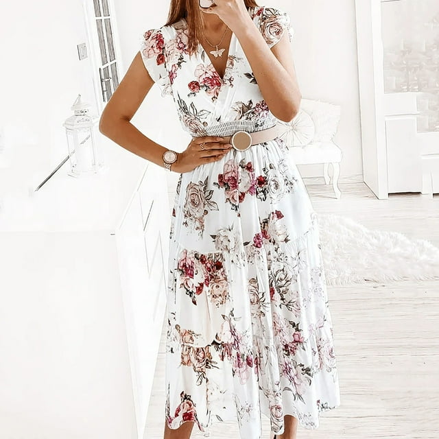 SMihono Robe Maxi Bohème d'Été pour Femmes Grande Taille Mode Féminine Boho Col en V Manches Courtes Volants Imprimé Mini Robe de Plage