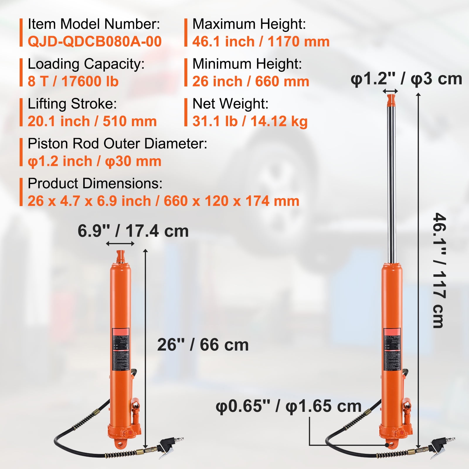KFFKFF Hydraulic Long Ram Jack, 8-Ton Capacity with Air and Single Piston Pump, Ram Cylinder with Clevis Base for Engine Lifts, Garage Cranes, and Farm Use