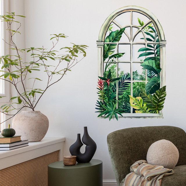 Adhesivo de pared con plantas verdes tropicales, acuarela botánica, 30 x 90 cm